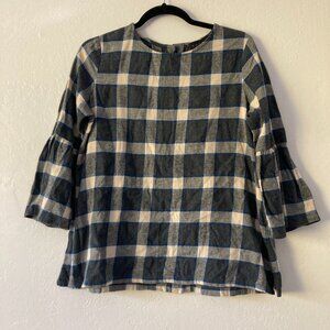 HATCH Plaid Long Sleeve Button Back Top Flannel Bell Sleeve Gray Size 1 (2-4)